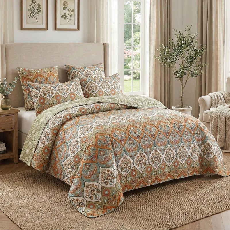 DaDa Bedding Bohemian Bedspread Set - Coral Floral Paisley Fall Garden Party Reversible Coverlet - Bright Vibrant Multi-Colorful Blue Salmon Pink - Cal King - 3-Pieces - Image 5